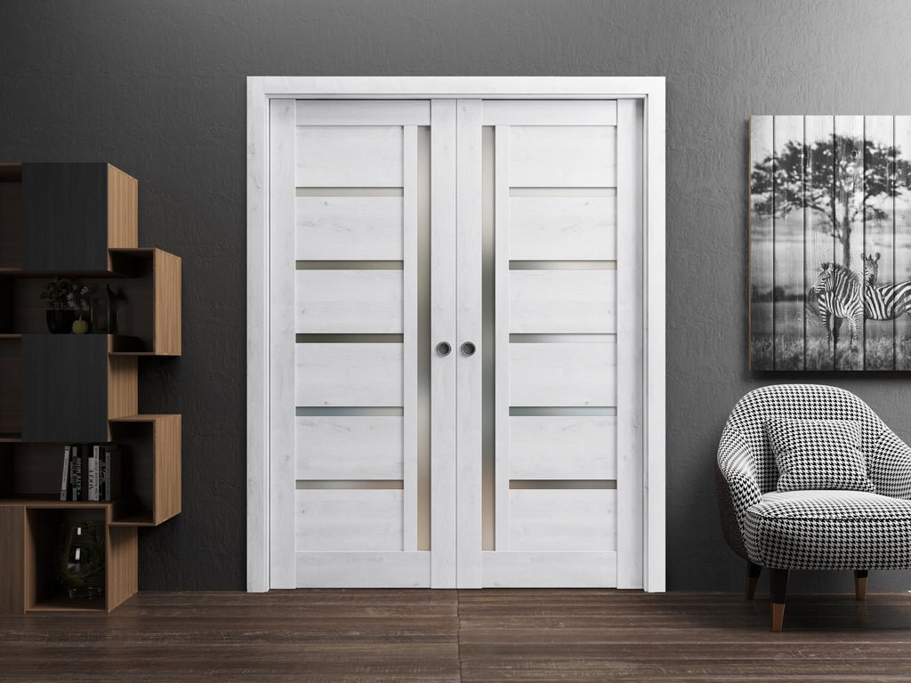 Nordic White Solid Wood Double Pocket Doors with Frosted Glass R5844