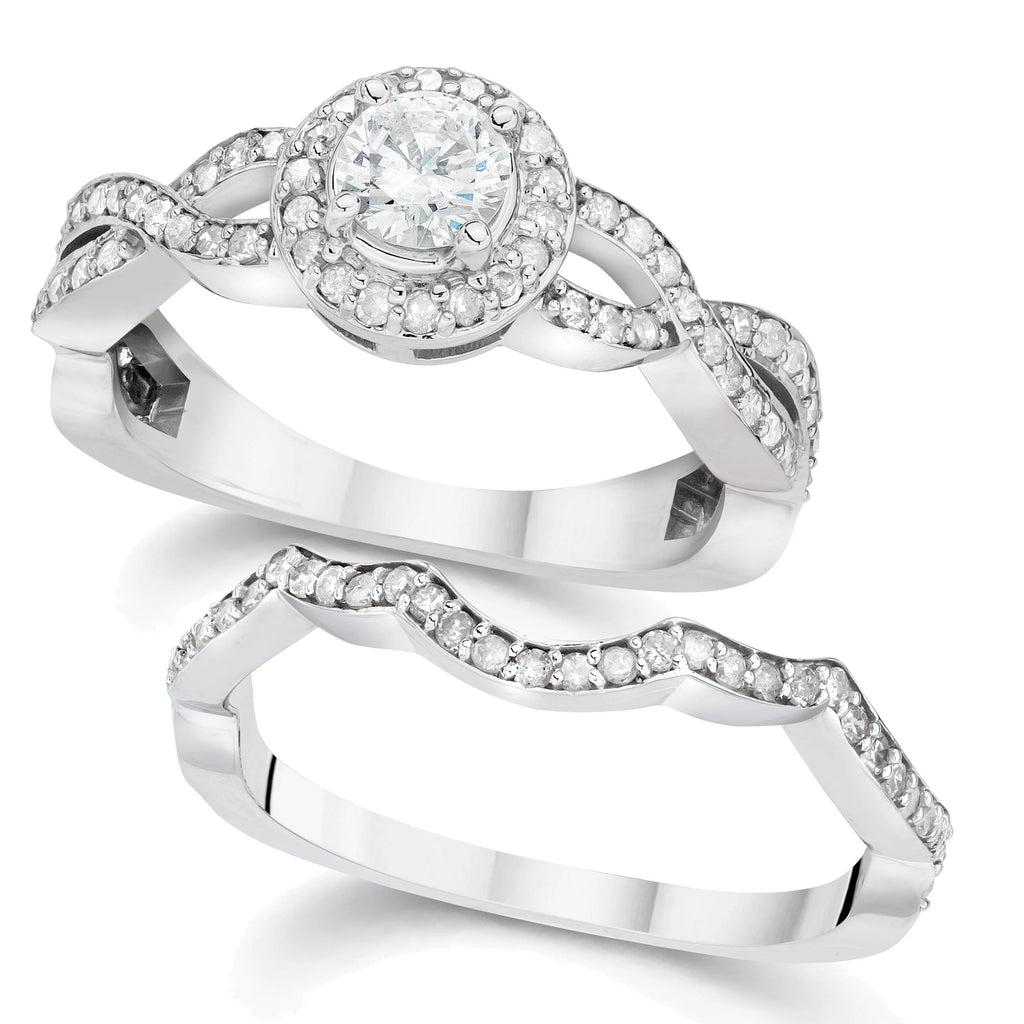 Curve Engagement Ring & Matching Wedding Band 14K White Gold E4301