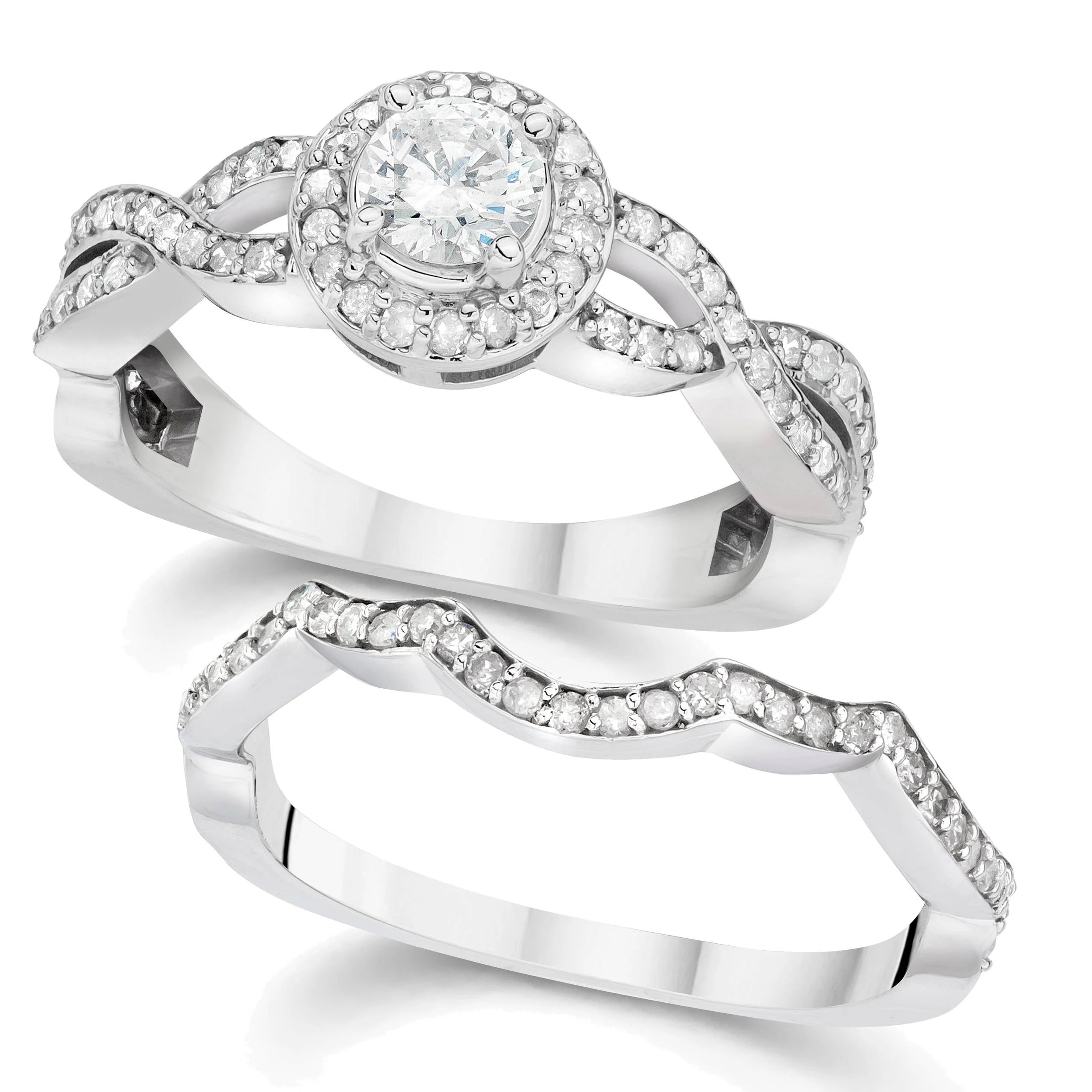 Curve Engagement Ring & Matching Wedding Band 14K White Gold E4301