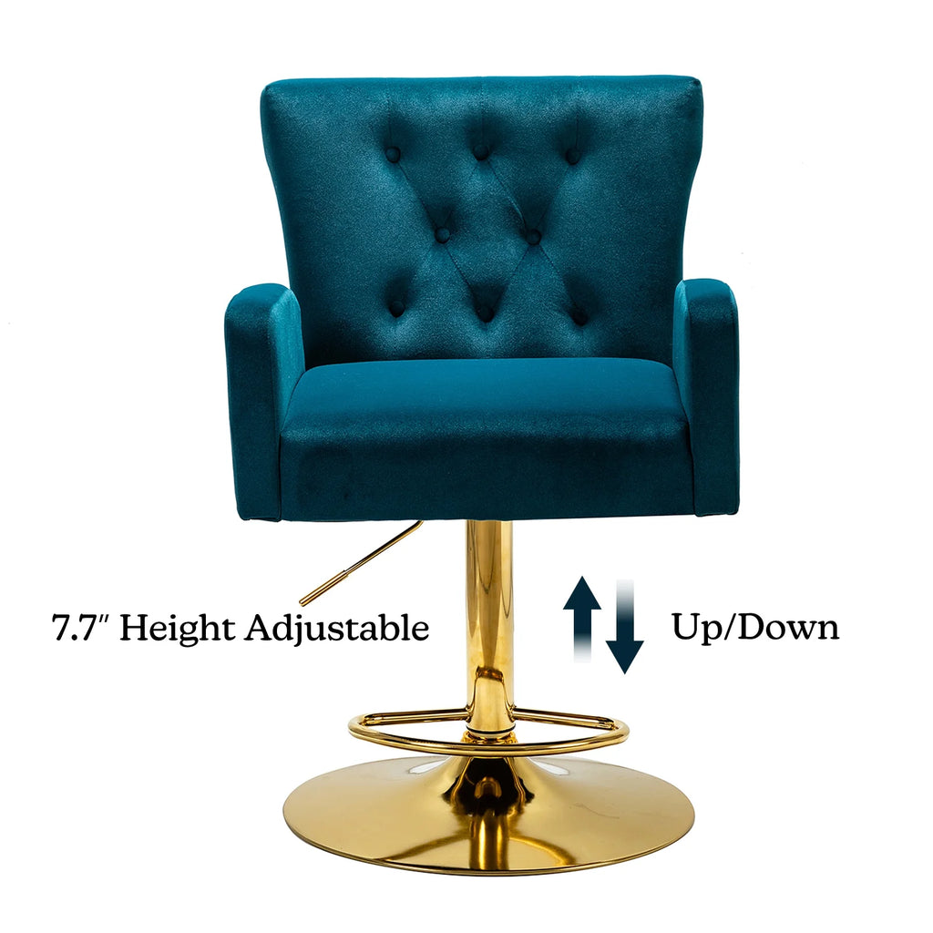 Teal Velvet Swivel Adjustable Counter Height Bar Stool with Footrest Gold Round Base I342