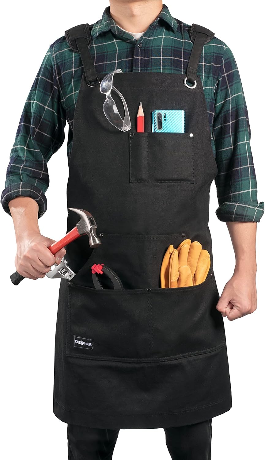 Black Waxed Canvas Carpenter Apron with Pockets, Pack of 2 W6530