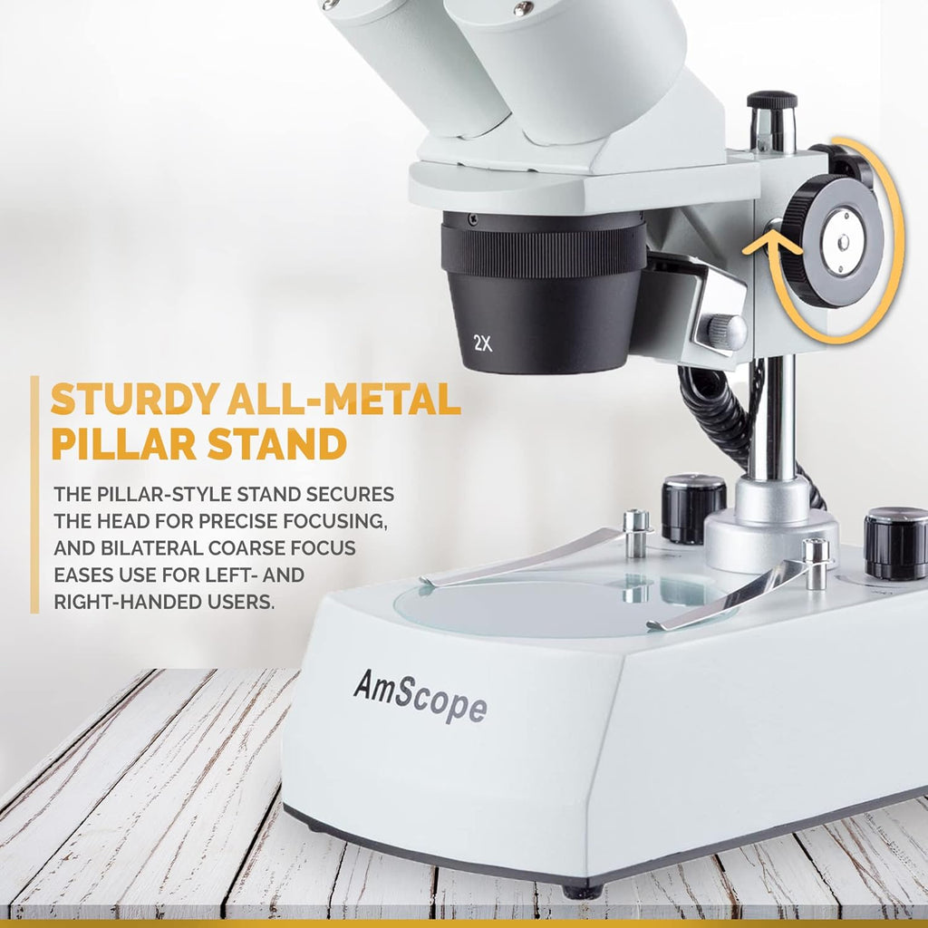 Binocular Stereo Microscope, WF10x Eyepieces, 20X and 40X Magnification, 2X and 4X Objectives, Upper and Lower LED Lighting, Reversible Black/White Stage Plate, Pillar Stand K4004