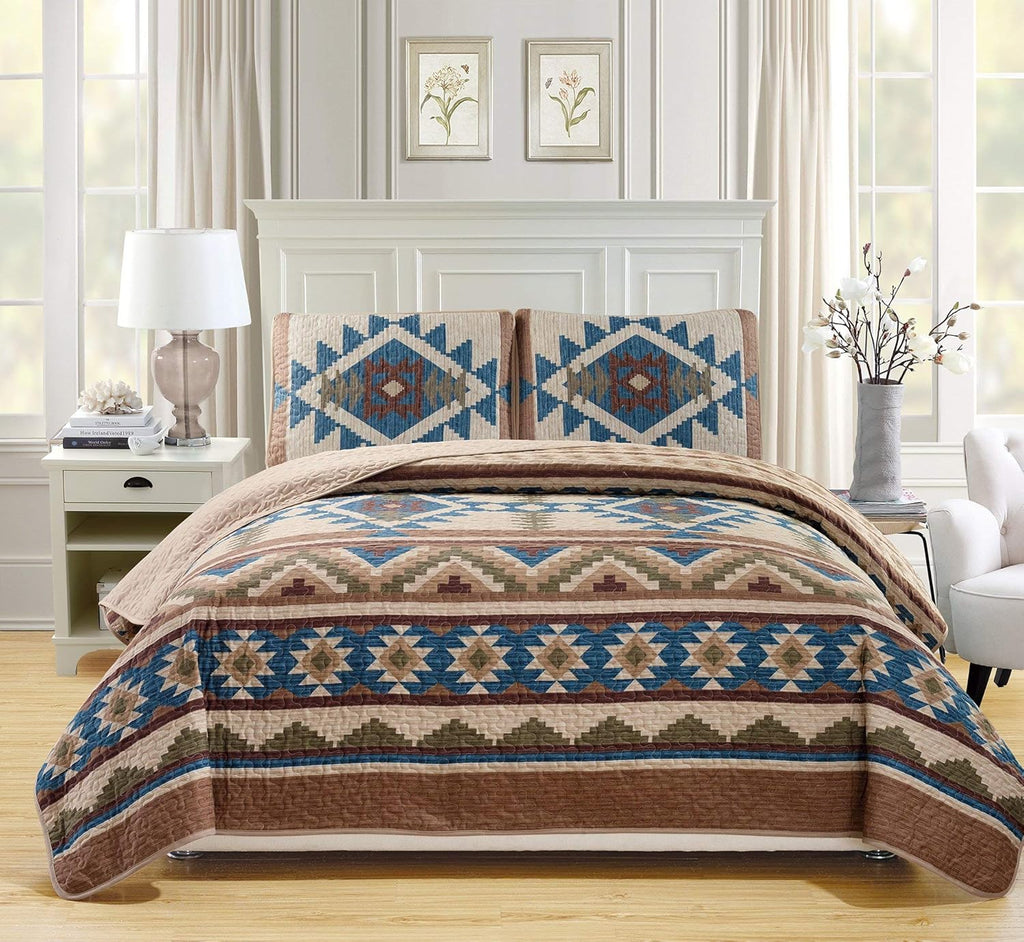 Oversized Bedspread Quilt Set in Beige Taupe Brown Blue Green (Full/Queen) R841