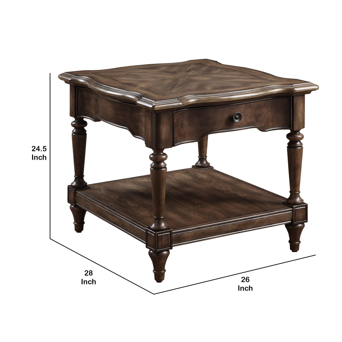 Brown 1 Drawer End Table with Open Bottom Shelf and Turned Feet I4932