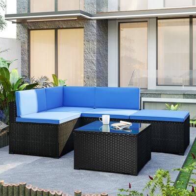 5-Piece Patio Rattan PE Wicker Corner Sofa Set with Glass Coffee Table E817