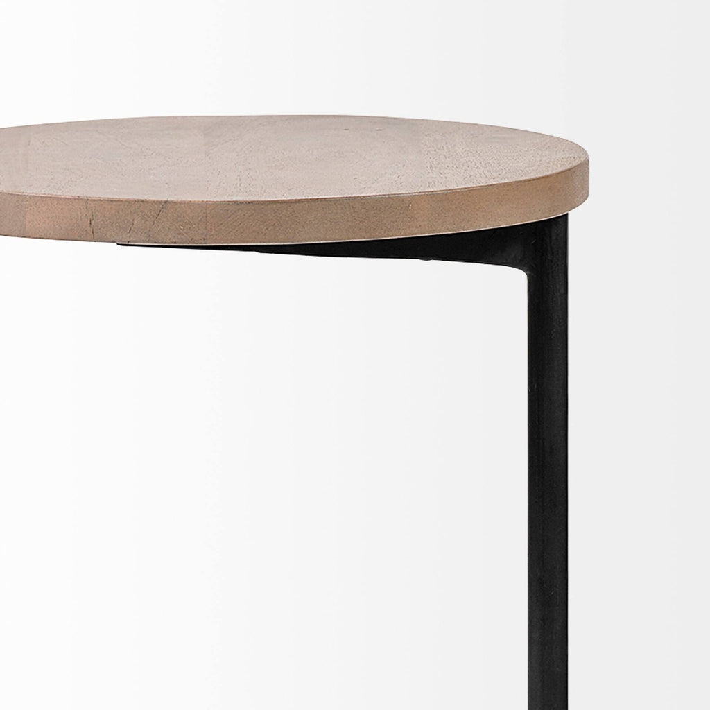 15 x 27 Round Top Brown Wood and Black Iron Base Accent Table J2267