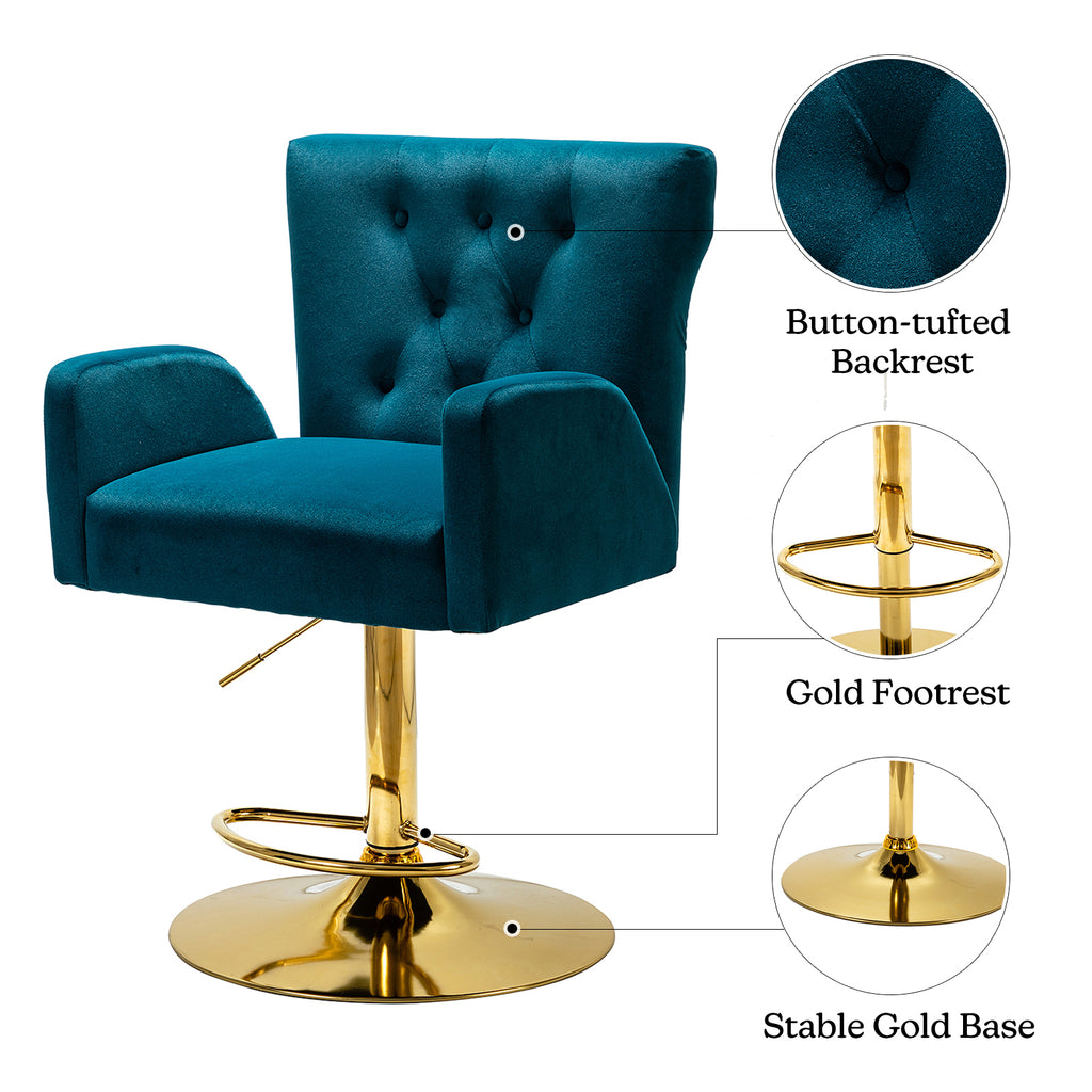 Teal Velvet Swivel Adjustable Counter Height Bar Stool with Footrest Gold Round Base I342