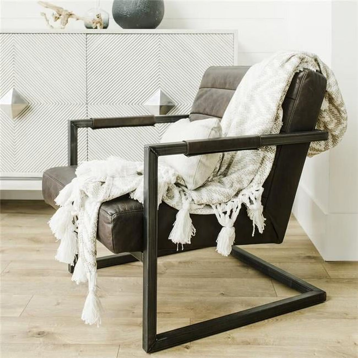 Dark Brown Leather Accent Chair with Cast Iron Base G94982