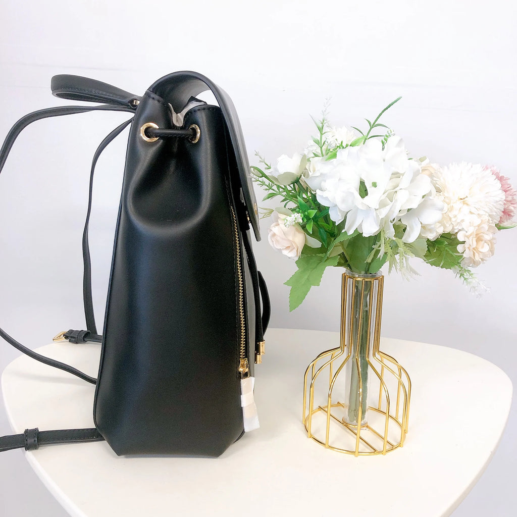 Black Leather Drawstring Backpack P345