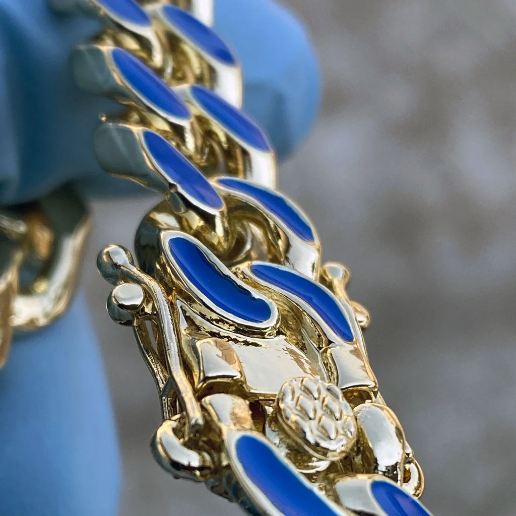 14K Gold Plated Miami Cuban Necklace Blue Enamel Chain 20" x 10.5 MM T1966