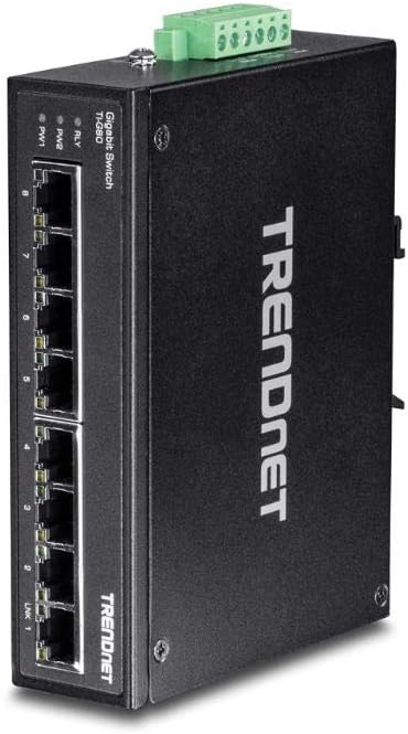 8-Port Hardened Industrial Gigabit DIN-Rail Switch, 16 Gbps Switching Capacity, IP30 Rated Metal Housing, Black L84099