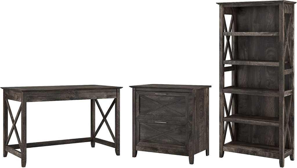 Key West Writing Desk with 2 Drawer Lateral File Cabinet and 5 Shelf Bookcase, Reclaimed Pine E531395