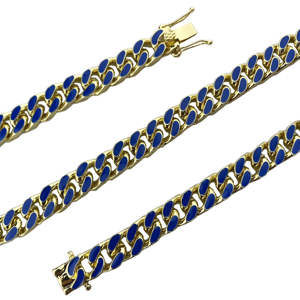14K Gold Plated Miami Cuban Necklace Blue Enamel Chain 20" x 10.5 MM T1966