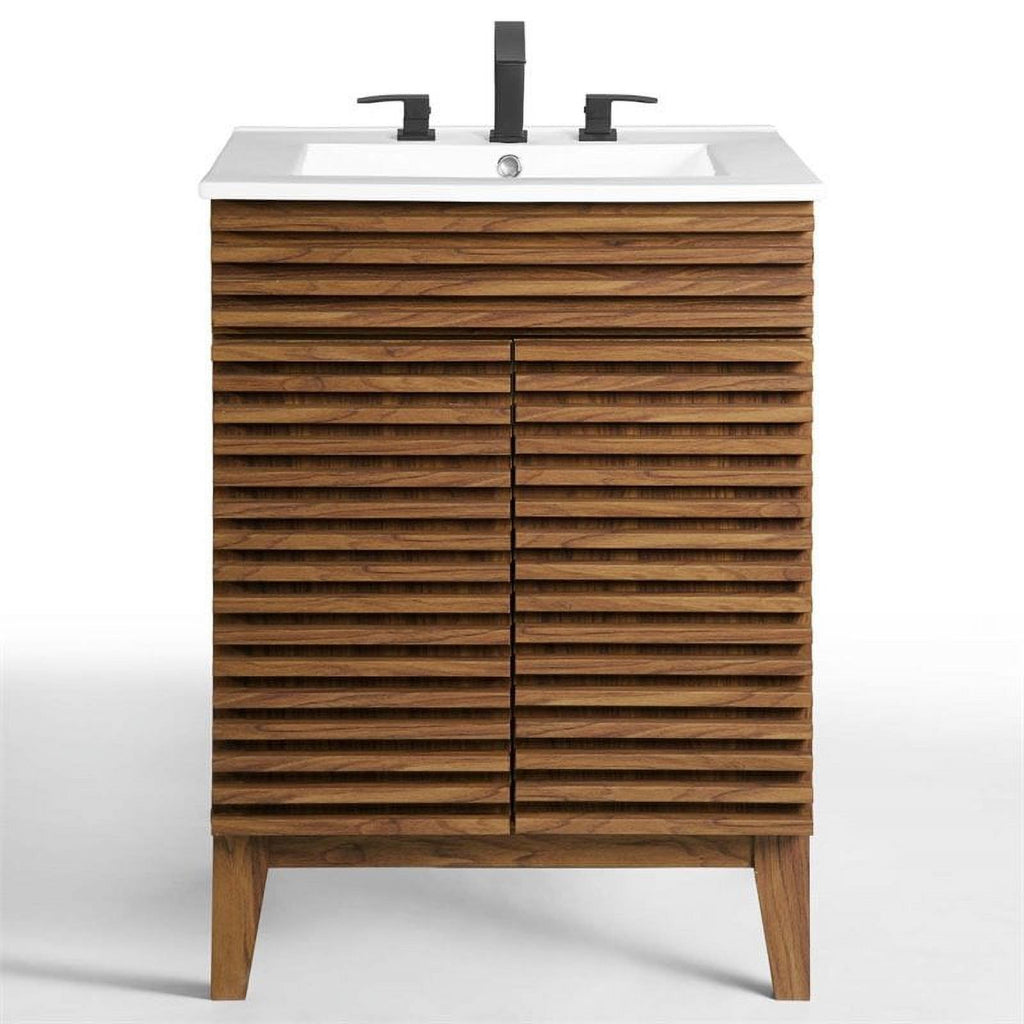 Walnut/White Wood Bathroom Vanity with Storage Shelf N15833