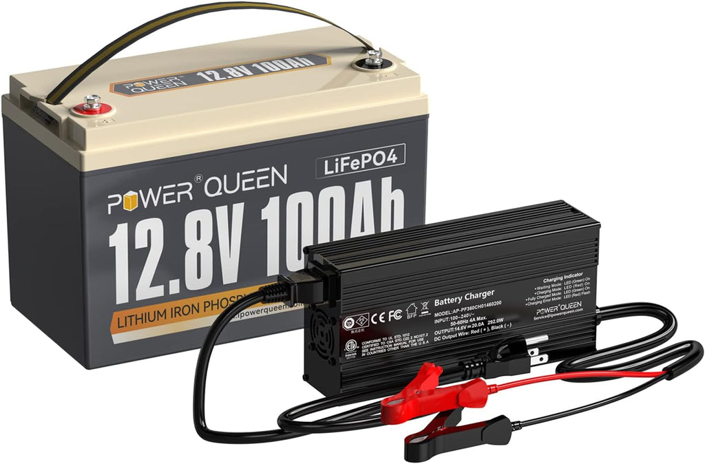 12.8V 100Ah LiFePO4 Battery with 14.6V 20A LiFePO4 Battery Charger D7929