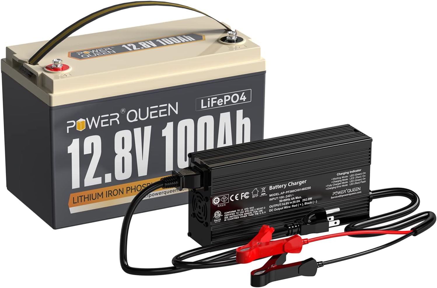 12.8V 100Ah LiFePO4 Battery with 14.6V 20A LiFePO4 Battery Charger D7929